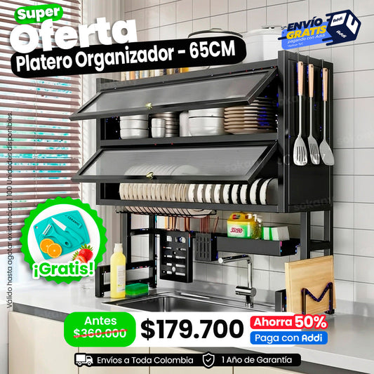 🌟 Platero Organizador 5 en 1 con Tapa – 2 Niveles en Acero Inoxidable Color Negro