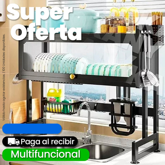 Organizador Escurridor de Platos con Tapa de 65 cm Acero Inoxidable Negro